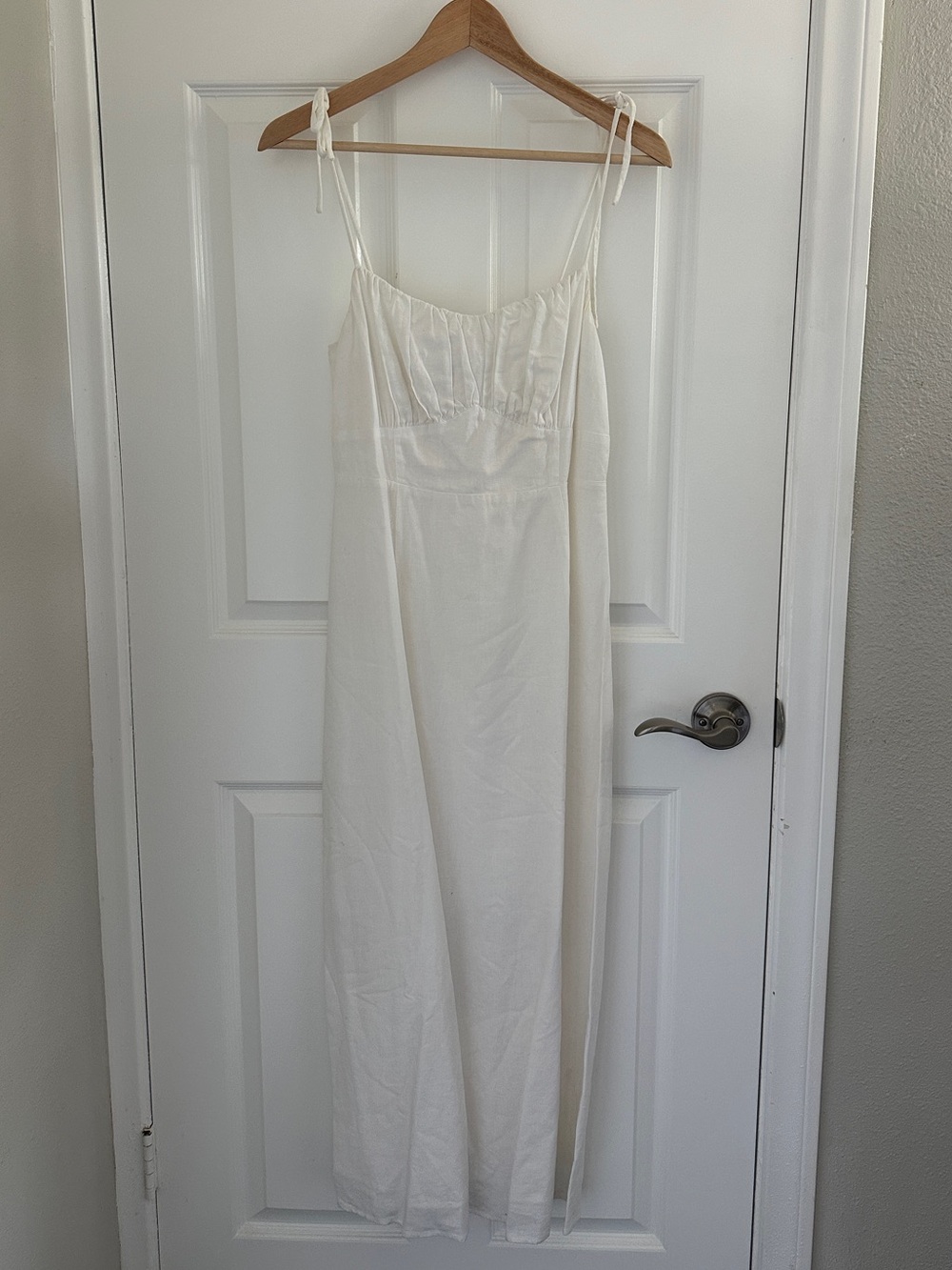 Elegant White Spaghetti Strap Linen Dress